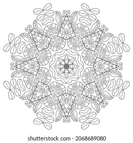 Mandala isolated design element, geometric line pattern. Stylized floral round ornament. Zen doodle art, monochrome sketch for coloring book page, textile fabric print. Black and white illustration