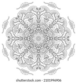 Mandala isolated design element, geometric line pattern. Stylized floral round ornament. Zen doodle art, monochrome sketch for coloring book page, textile fabric print. Black and white illustration