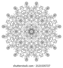 Mandala isolated design element, geometric line pattern. Stylized floral round ornament. Zen doodle art, monochrome sketch for coloring book page, textile fabric print. Black and white illustration
