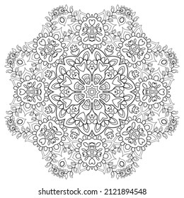 Elemento de diseño aislado de Mandala, patrón de línea geométrica. Ornamento redondo floral estilizado. Arte de doodle zen, boceto monocromo para página de libro de coloreado, impresión de tela textil. Ilustración en blanco y negro