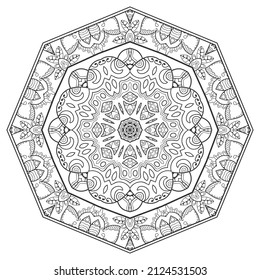 Mandala isolated design element, geometric line pattern. Stylized floral round ornament. Zen doodle art, monochrome sketch for coloring book page, textile fabric print. Black and white illustration
