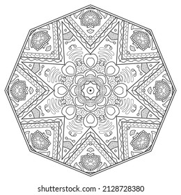 Mandala isolated design element, geometric line pattern. Stylized floral round ornament. Zen doodle art, monochrome sketch for coloring book page, textile fabric print. Black and white illustration
