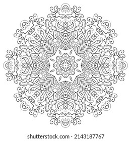 Mandala isolated design element, geometric line pattern. Stylized floral round ornament. Zen doodle art, monochrome sketch for coloring book page, textile fabric print. Black and white illustration