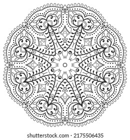 Mandala isolated design element, geometric line pattern. Stylized floral round ornament. Zen doodle art, monochrome sketch for coloring book page, textile fabric print. Black and white illustration