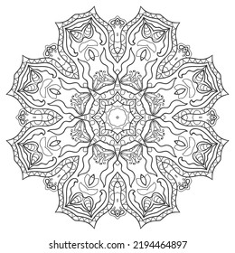 Mandala isoliertes Design-Element, geometrisches Zeilenmuster. Stilvolle, blumengeschmückte Rundschmuck. Zen-Doodle-Kunst, einfarbige Skizze für die farbige Buchseite, Stoffdruck. Schwarz-Weiß-Illustration