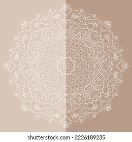 Mandala isolated design element, geometric line pattern. Stylized floral round ornament. Doodle art for textile fabric or paper print. Lace background. Hand drawn vector illustration