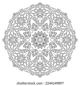 Mandala isolated design element, geometric line pattern. Stylized floral round ornament. Zen doodle art, monochrome sketch for coloring book page, textile fabric print. Black and white illustration