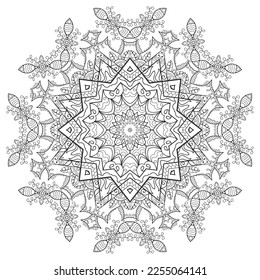 Mandala isolated design element, geometric line pattern. Stylized floral round ornament. Zen doodle art, monochrome sketch for coloring book page, textile fabric print. Black and white illustration