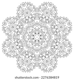 Mandala isolated design element, geometric line pattern. Stylized floral round ornament. Zen doodle art, monochrome sketch for coloring book page, textile fabric print. Black and white illustration