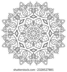 Mandala isolated design element, geometric line pattern. Stylized floral round ornament. Zen doodle art, monochrome sketch for coloring book page, textile fabric print. Black and white illustration