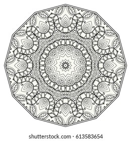 Mandala isolated design element, geometric line pattern. Stylized floral round ornament. Zen doodle style art, monochrome sketch for coloring book page. Tribal ethnic arabic, indian motif