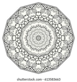 Mandala isolated design element, geometric line pattern. Stylized floral round ornament. Zen doodle style art, monochrome sketch for coloring book page. Tribal ethnic arabic, indian motif
