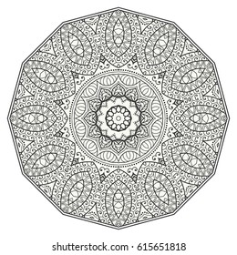 Mandala isolated design element, geometric line pattern. Stylized floral round ornament. Zen doodle style art, monochrome sketch for coloring book page. Tribal ethnic arabic, indian motif