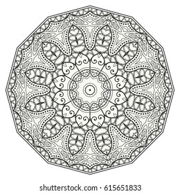 Mandala isolated design element, geometric line pattern. Stylized floral round ornament. Zen doodle style art, monochrome sketch for coloring book page. Tribal ethnic arabic, indian motif
