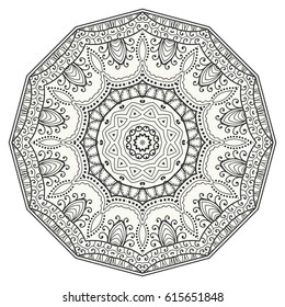 Mandala isolated design element, geometric line pattern. Stylized floral round ornament. Zen doodle style art, monochrome sketch for coloring book page. Tribal ethnic arabic, indian motif