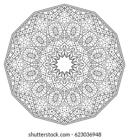 Mandala isolated design element, geometric line pattern. Stylized floral round ornament. Zen doodle style art, monochrome sketch for coloring book page. Tribal ethnic arabic, indian motif