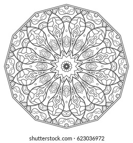 Mandala isolated design element, geometric line pattern. Stylized floral round ornament. Zen doodle style art, monochrome sketch for coloring book page. Tribal ethnic arabic, indian motif