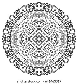 Mandala isolated design element, geometric line pattern. Stylized floral round ornament. Zen doodle style art, monochrome sketch for coloring book page. Tribal ethnic arabic, indian motif