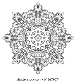 Mandala isolated design element, geometric line pattern. Stylized floral round ornament. Zen doodle style art, monochrome sketch for coloring book page. Tribal ethnic arabic, indian motif