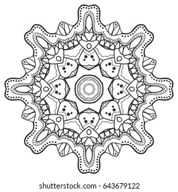Mandala isolated design element, geometric line pattern. Stylized floral round ornament. Zen doodle style art, monochrome sketch for coloring book page. Tribal ethnic arabic, indian motif