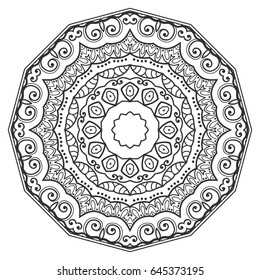 Mandala isolated design element, geometric line pattern. Stylized floral round ornament. Zen doodle style art, monochrome sketch for coloring book page. Tribal ethnic arabic, indian motif