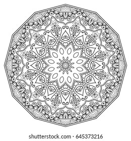 Mandala isolated design element, geometric line pattern. Stylized floral round ornament. Zen doodle style art, monochrome sketch for coloring book page. Tribal ethnic arabic, indian motif