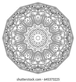 Mandala isolated design element, geometric line pattern. Stylized floral round ornament. Zen doodle style art, monochrome sketch for coloring book page. Tribal ethnic arabic, indian motif
