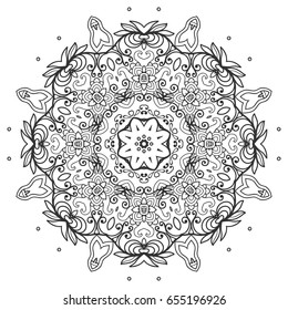 Mandala isolated design element, geometric line pattern. Stylized floral round ornament. Zen doodle style art, monochrome sketch for coloring book page. Tribal ethnic arabic, indian motif