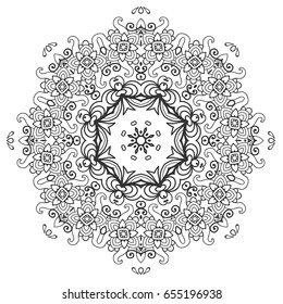 Mandala isolated design element, geometric line pattern. Stylized floral round ornament. Zen doodle style art, monochrome sketch for coloring book page. Tribal ethnic arabic, indian motif