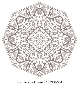 Mandala isolated design element, geometric line pattern. Stylized floral round ornament. Zen doodle style art, monochrome sketch for coloring book page. Tribal ethnic arabic, indian motif