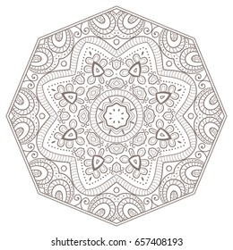 Mandala isolated design element, geometric line pattern. Stylized floral round ornament. Zen doodle style art, monochrome sketch for coloring book page. Tribal ethnic arabic, indian motif