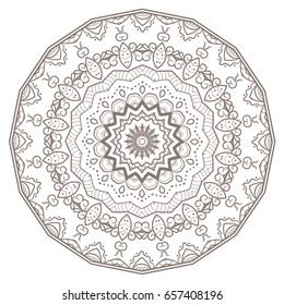 Mandala isolated design element, geometric line pattern. Stylized floral round ornament. Zen doodle style art, monochrome sketch for coloring book page. Tribal ethnic arabic, indian motif