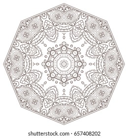 Mandala isolated design element, geometric line pattern. Stylized floral round ornament. Zen doodle style art, monochrome sketch for coloring book page. Tribal ethnic arabic, indian motif