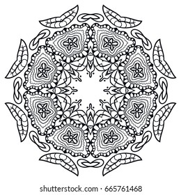 Mandala isolated design element, geometric line pattern. Stylized floral round ornament. Zen doodle style art, monochrome sketch for coloring book page. Tribal ethnic arabic, indian motif