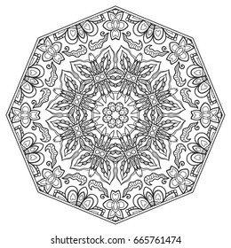 Mandala isolated design element, geometric line pattern. Stylized floral round ornament. Zen doodle style art, monochrome sketch for coloring book page. Tribal ethnic arabic, indian motif