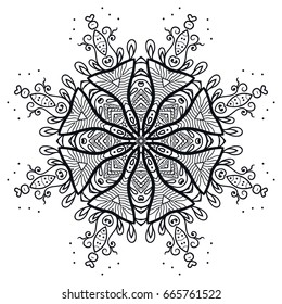 Mandala isolated design element, geometric line pattern. Stylized floral round ornament. Zen doodle style art, monochrome sketch for coloring book page. Tribal ethnic arabic, indian motif