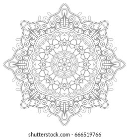 Mandala isolated design element, geometric line pattern. Stylized floral round ornament. Zen doodle style art, monochrome sketch for coloring book page. Tribal ethnic arabic, indian motif