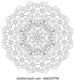 Mandala isolated design element, geometric line pattern. Stylized floral round ornament. Zen doodle style art, monochrome sketch for coloring book page. Tribal ethnic arabic, indian motif