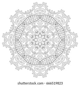Mandala isolated design element, geometric line pattern. Stylized floral round ornament. Zen doodle style art, monochrome sketch for coloring book page. Tribal ethnic arabic, indian motif