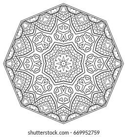 Mandala isolated design element, geometric line pattern. Stylized floral round ornament. Zen doodle style art, monochrome sketch for coloring book page. Tribal ethnic arabic, indian motif