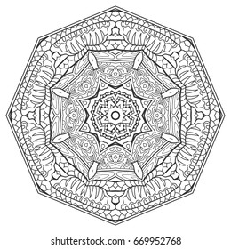 Mandala isolated design element, geometric line pattern. Stylized floral round ornament. Zen doodle style art, monochrome sketch for coloring book page. Tribal ethnic arabic, indian motif