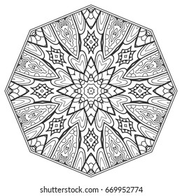 Mandala isolated design element, geometric line pattern. Stylized floral round ornament. Zen doodle style art, monochrome sketch for coloring book page. Tribal ethnic arabic, indian motif