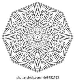 Mandala isolated design element, geometric line pattern. Stylized floral round ornament. Zen doodle style art, monochrome sketch for coloring book page. Tribal ethnic arabic, indian motif
