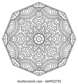 Mandala isolated design element, geometric line pattern. Stylized floral round ornament. Zen doodle style art, monochrome sketch for coloring book page. Tribal ethnic arabic, indian motif