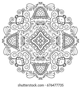 Mandala isolated design element, geometric line pattern. Stylized floral round ornament. Zen doodle style art, monochrome sketch for coloring book page. Tribal ethnic arabic, indian motif