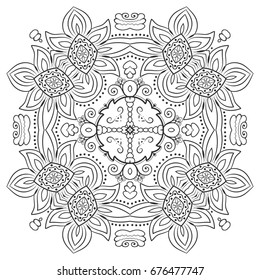 Mandala isolated design element, geometric line pattern. Stylized floral round ornament. Zen doodle style art, monochrome sketch for coloring book page. Tribal ethnic arabic, indian motif