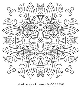 Mandala isolated design element, geometric line pattern. Stylized floral round ornament. Zen doodle style art, monochrome sketch for coloring book page. Tribal ethnic arabic, indian motif