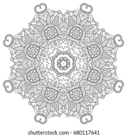 Mandala isolated design element, geometric line pattern. Stylized floral round ornament. Zen doodle style art, monochrome sketch for coloring book page. Tribal ethnic arabic, indian motif