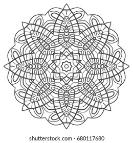 Mandala isolated design element, geometric line pattern. Stylized floral round ornament. Zen doodle style art, monochrome sketch for coloring book page. Tribal ethnic arabic, indian motif