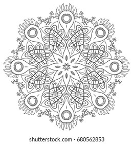 Mandala isolated design element, geometric line pattern. Stylized floral round ornament. Zen doodle style art, monochrome sketch for coloring book page. Tribal ethnic arabic, indian motif